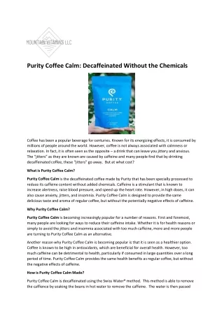 Purity Coffee Calm - Decaffeinated Without the Chemicals