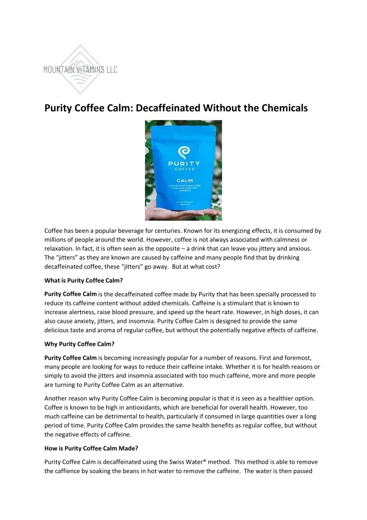 purity coffee calm decaffeinated without