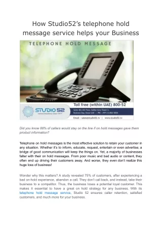 How Studio52’s telephone hold message service helps your Business