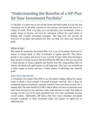 Understanding the Benefits of a SIP Plan for Your Investment Portfolio