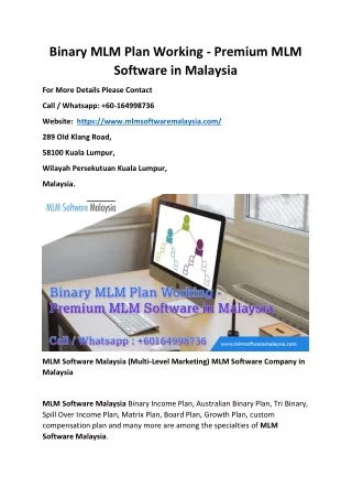 Binary MLM Plan Working - Premium MLM Software in Malasiya