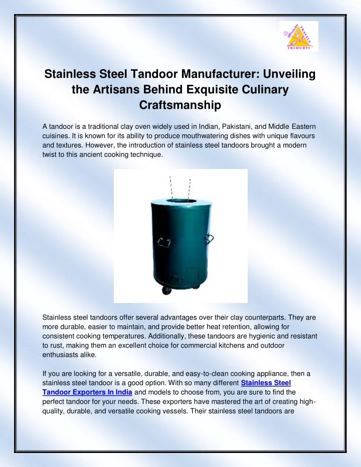 stainless steel tandoor manufacturer unveiling