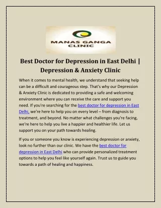 Best Doctor for Depression in East Delhi | Depression & Anxiety Clinic