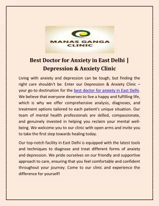 Best Doctor for Anxiety in East Delhi | Depression & Anxiety Clinic