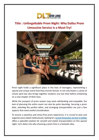 Unforgettable Prom Night: Why Dallas Prom Limousine Service is a Must-Try!