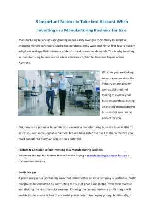 Manufacturing Business for Sale - Absolut Business Brokers