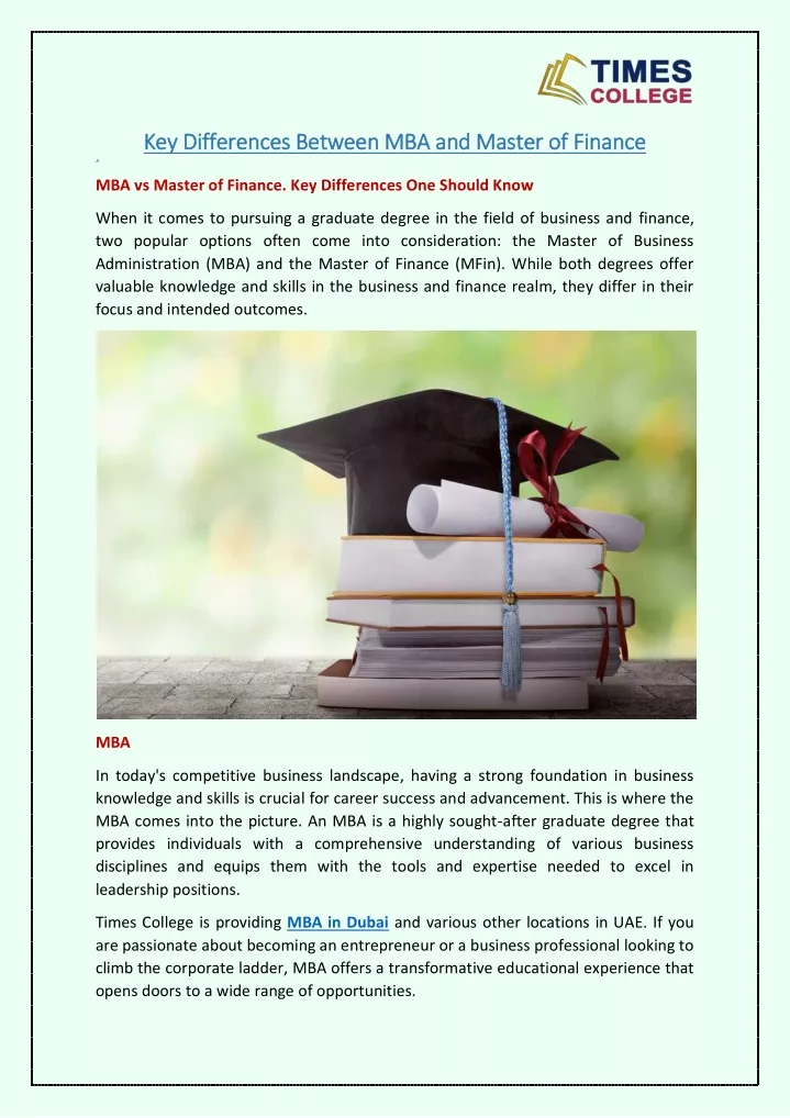 key differences between mba and master of finance