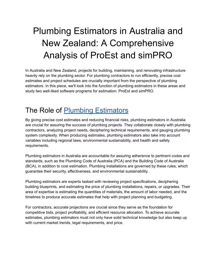 plumbing estimators in australia and new zealand