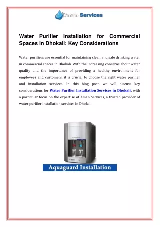 Water Purifier Installation for Commercial Spaces in Dhokali  Key Considerations
