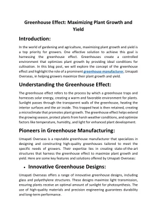 Greenhouse Effect Maximizing Plant Growth and Yield