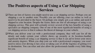 The Positives aspects of Using a Car Shipping Services
