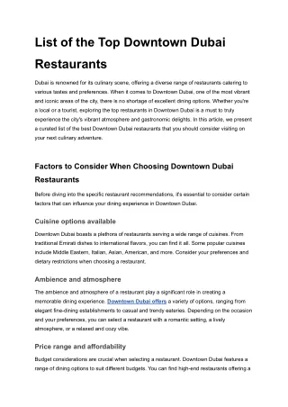 List of the Top Downtown Dubai Restaurants