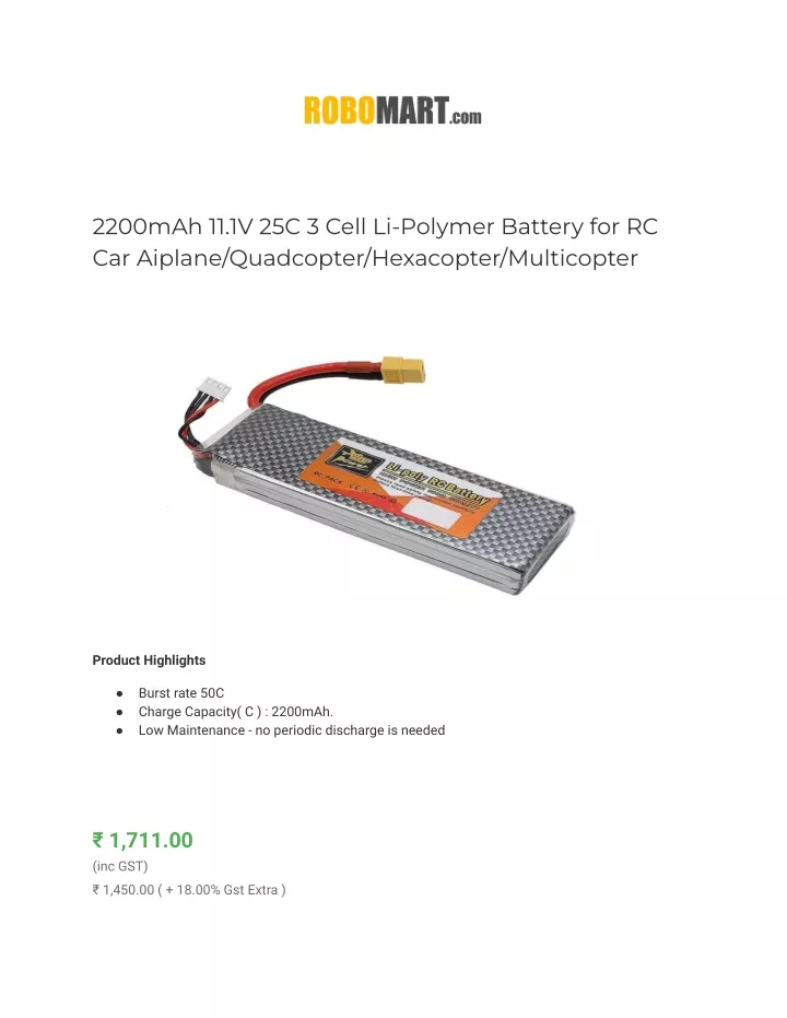 2200mah 11 1v 25c 3 cell li polymer battery