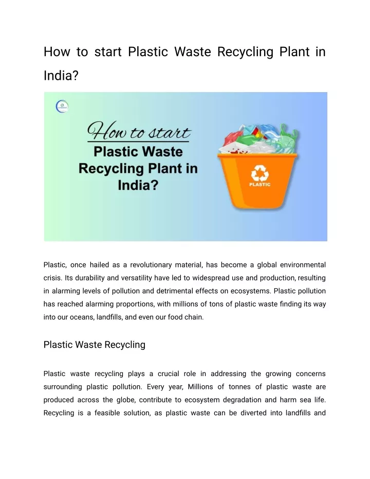 how to start plastic waste recycling plant in
