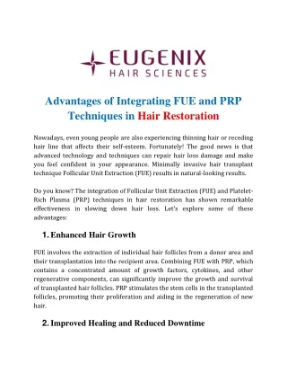 Advantages of Integrating FUE and PRP Techniques in Hair Restoration