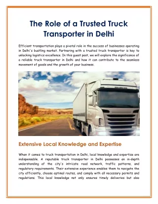 The Role of a Trusted Truck Transporter in Delhi