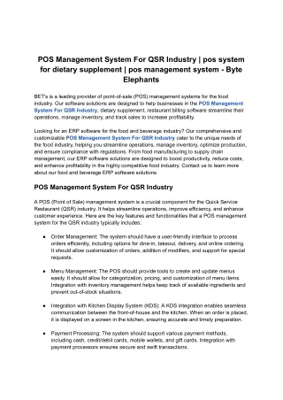POS Management System For QSR Industry  pos system for dietary supplement  pos management system - Byte Elephants