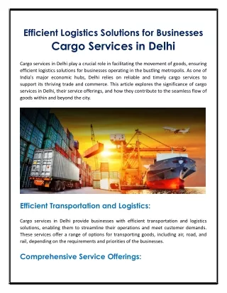 Efficient Logistics Solutions for Businesses Cargo Services in Delhi