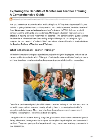 Exploring the Benefits of Montessori Teacher Training A Comprehensive Guide