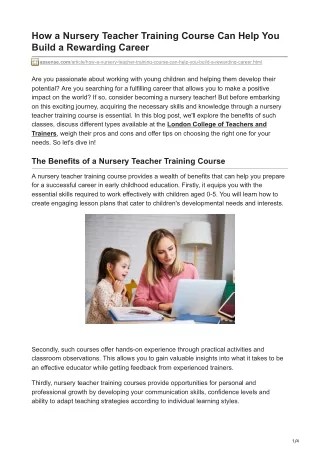 How a Nursery Teacher Training Course Can Help You Build a Rewarding Career