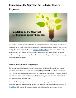 Insulation as the New Tool for Reducing Energy Expenses