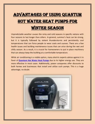 Advantages of Using Quantum Hot Water Heat Pumps for Winter Season