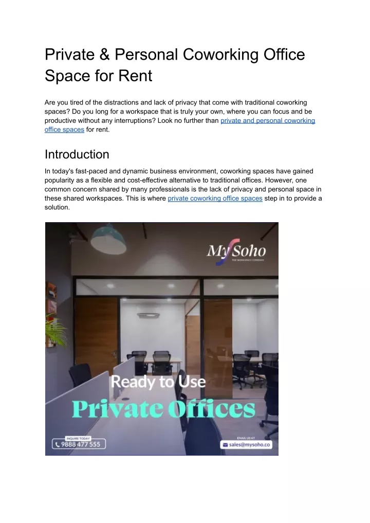 private personal coworking office space for rent