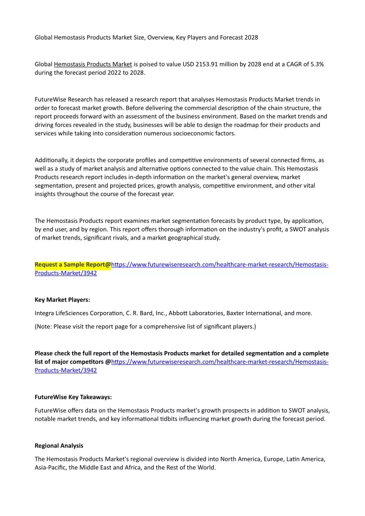 global hemostasis products market size overview