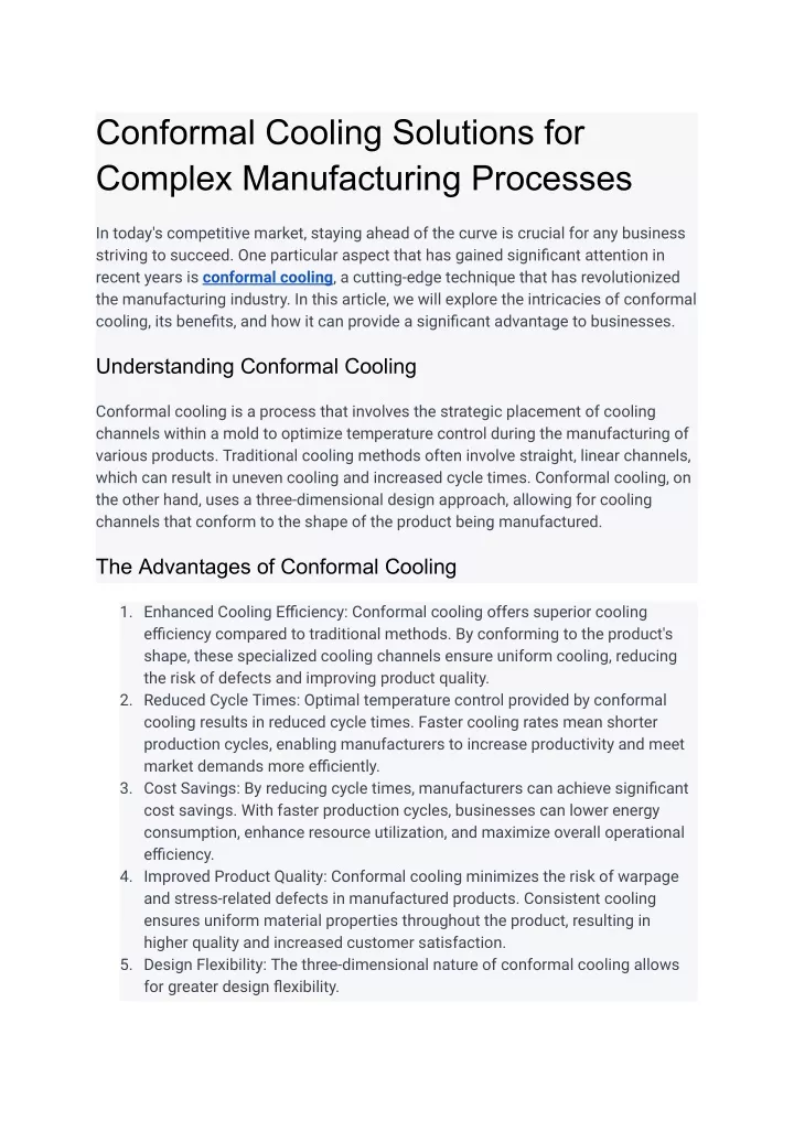 conformal cooling solutions for complex