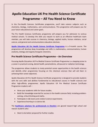 Apollo Education UK Pre Health Science Certificate Programme  All You Need to Know