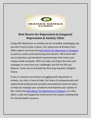 Best Doctor for Depression in Gurgaon| Depression & Anxiety Clinic