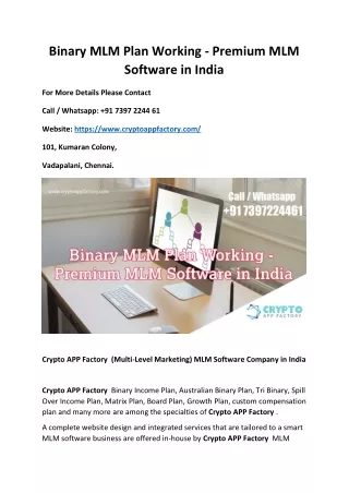Binary MLM Plan Working - Premium MLM Software in Malasiya