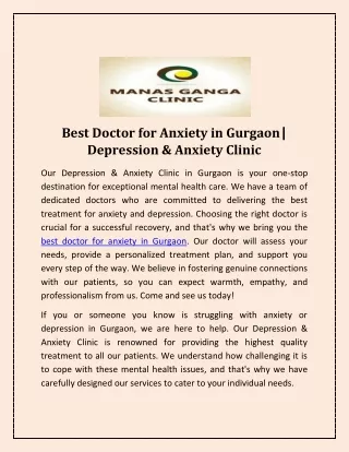 Best Doctor for Anxiety in Gurgaon| Depression & Anxiety Clinic