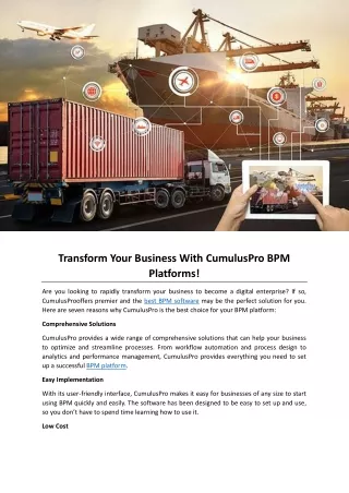 Transform Your Business With CumulusPro BPM Platforms!