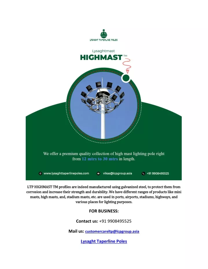 ltp highmast tm profiles are indeed manufactured