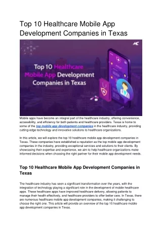 Top 10 healthcare Mobile App Development Companies in Texas