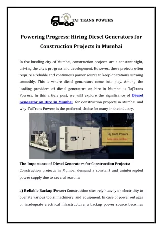 Powering Progress Hiring Diesel Generators for Construction Projects in Mumbai