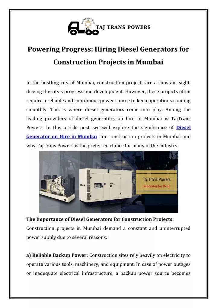 powering progress hiring diesel generators for