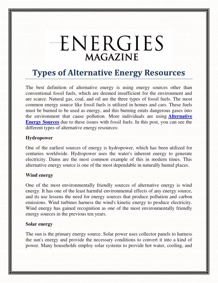 types of alternative energy resources