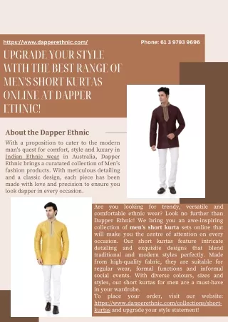 Upgrade Your Style with the Best Range of Men's Short Kurtas Online at Dapper Ethnic!