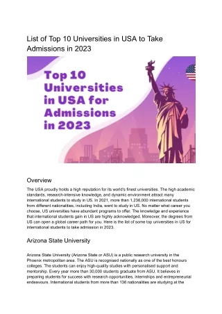 List of Top 10 Universities in USA to Take Admissions in 2023