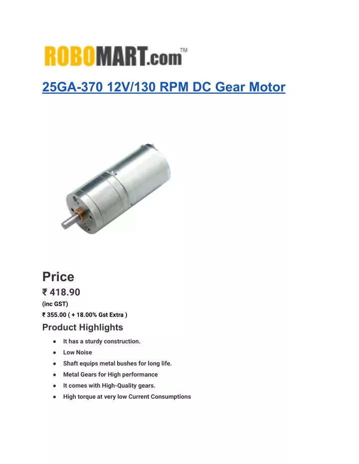 25ga 370 12v 130 rpm dc gear motor