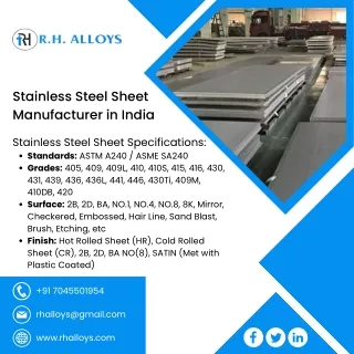 SS 409M sheet, plate, and coil are available from the Indian company R H Alloys,