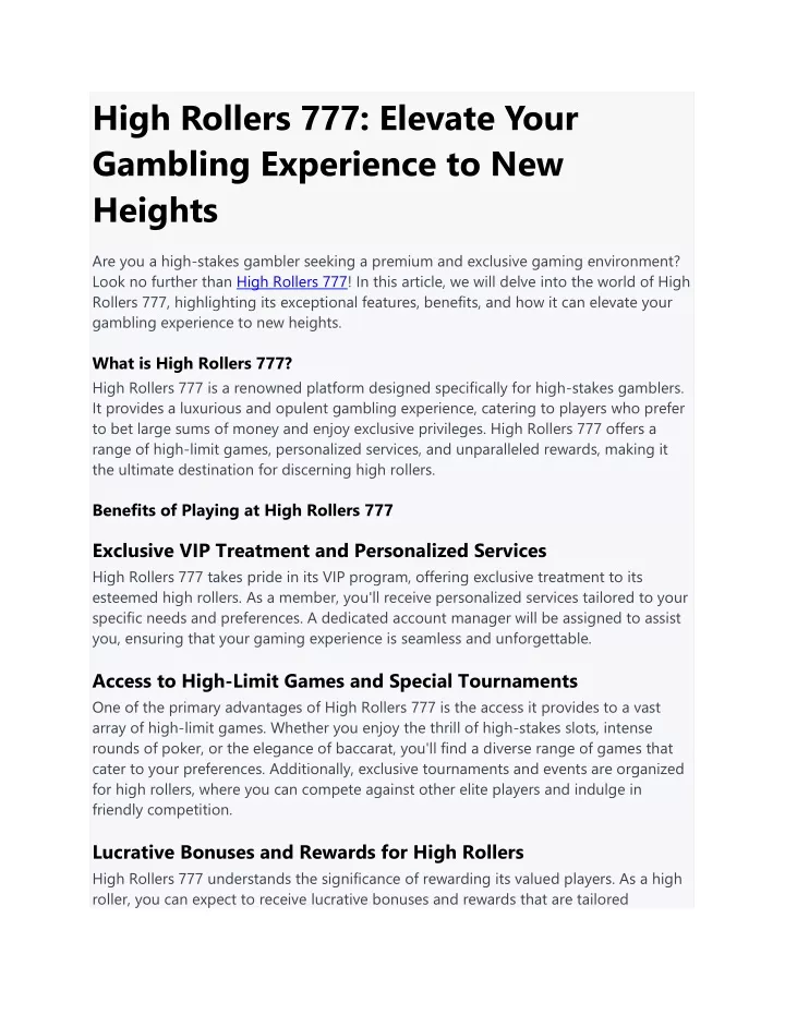 high rollers 777 elevate your gambling experience