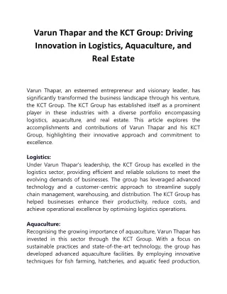 Varun Thapar and the KCT Group- Driving Innovation in Logistics Aquaculture and Real Estate