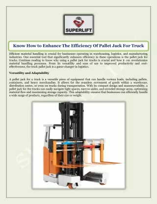 Know How to Enhance The Efficiency Of Pallet Jack For Truck