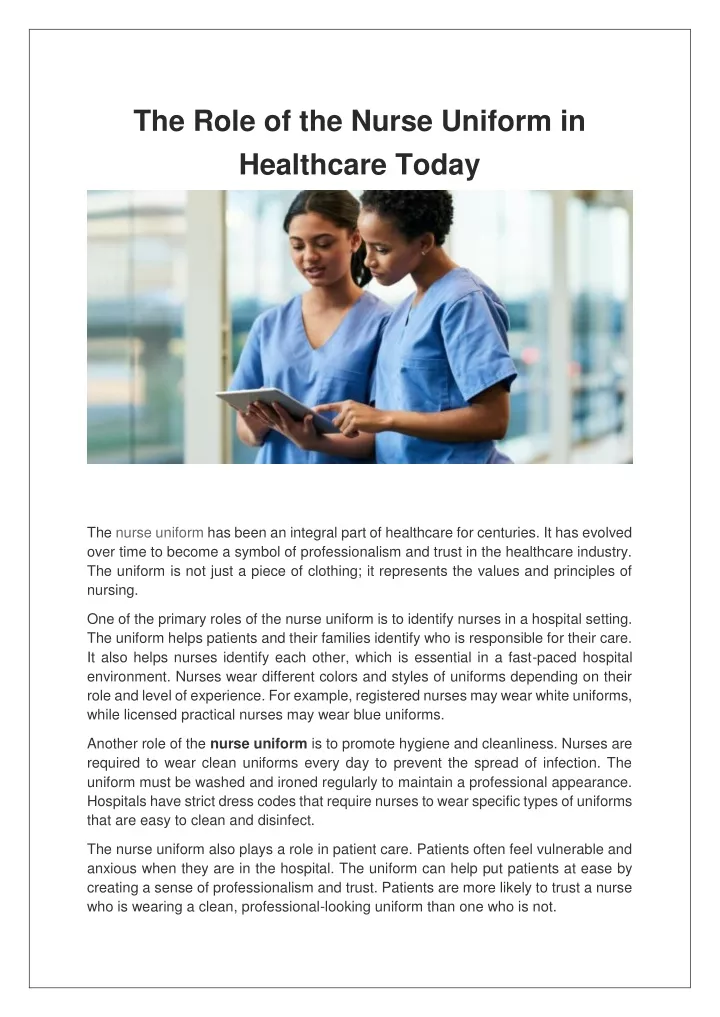 the role of the nurse uniform in healthcare today