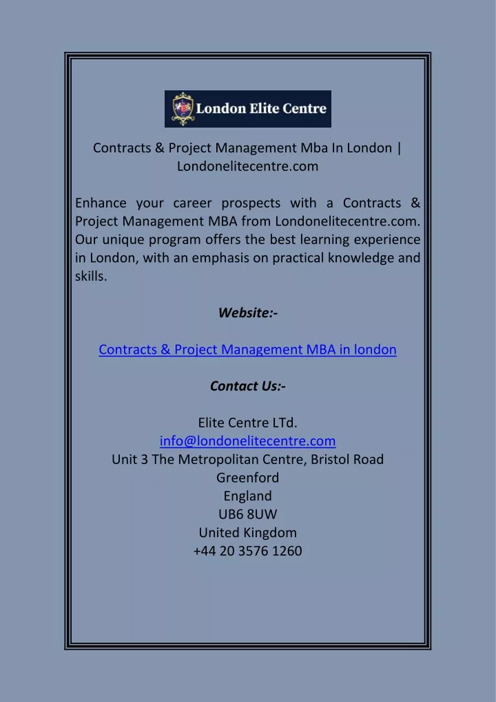 contracts project management mba in london