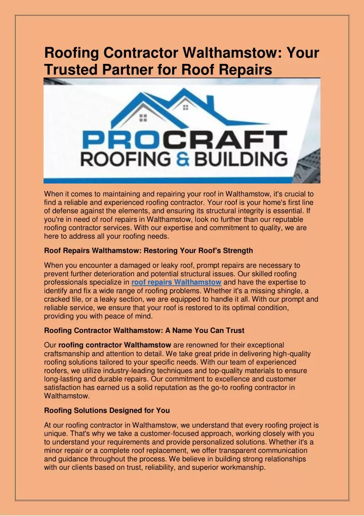 roofing contractor walthamstow your trusted