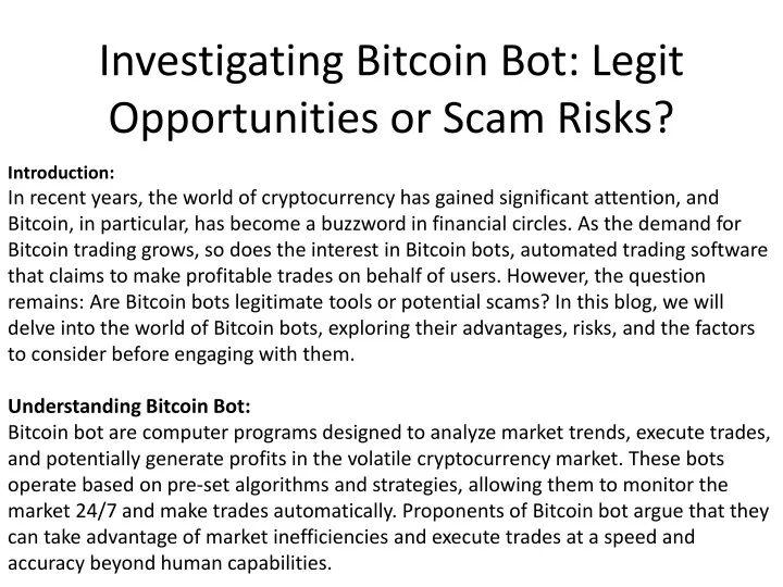 investigating bitcoin bot legit opportunities or scam risks